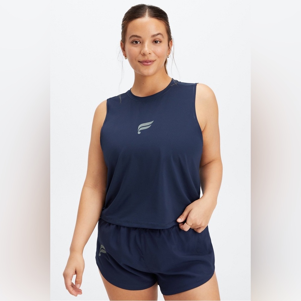 Fabletics Phoenix Breathe Muscle Tank, Deep Navy/Reflective Logo, Women's XXL